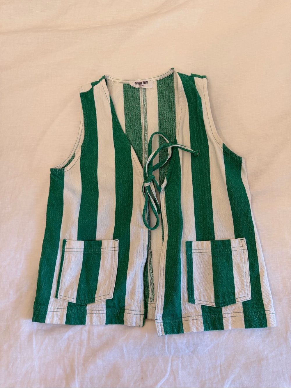 Double Zero Green and White Striped Tie-Front Tank Vest